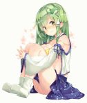  1girl ass bare_shoulders blush bra breast_squeeze breasts cleavage collarbone detached_sleeves frog_hair_ornament green_eyes green_hair hair_ornament interlocked_fingers kochiya_sanae large_breasts leg_hug long_sleeves looking_at_viewer open_clothes open_shirt shirt sideboob skirt snake_hair_ornament solo touhou underwear upskirt wavy_mouth wide_sleeves yellow_bra yukizumi_remon 