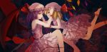  2girls bare_arms bare_shoulders barefoot bat_wings blonde_hair dress flandre_scarlet hat hat_ribbon highres magician_(china) mob_cap multiple_girls open_mouth pink_dress purple_hair red_eyes remilia_scarlet ribbon sash siblings sisters sleeveless sleeveless_dress smile touhou wings wrist_cuffs 