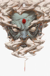  1boy bindi blurry_eyes character_name colored_skin face_piercing genie grey_skin highres incense male_focus nose_piercing nose_ring old old_man original patrick_ganas piercing portrait simple_background solo white_background white_hair 