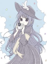  1girl blue_background blush camcorder camera cardcaptor_sakura closed_mouth commentary_request cowboy_shot daidouji_tomoyo dress hat highres holding holding_camera long_hair long_sleeves mizu_0401 purple_dress purple_hair purple_hat ribbon smile solo video_camera violet_eyes wing_hat_ornament yellow_ribbon 