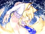  1girl animal_ears armpits arms_up blonde_hair blue_background breasts bridal_gauntlets fox_ears fox_tail from_side karakure_(kamo-nanban) multiple_tails no_hat number profile short_hair side_glance sideboob solo tail touhou yakumo_ran yellow_eyes 