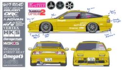  advan car english_text falken_tire highres hks license_plate motor_vehicle multiple_views nissan nissan_180sx no_humans original pop-up_headlights reference_sheet spoiler_(automobile) sports_car vee_(427deer) vehicle_focus web_address white_background yellow_car 