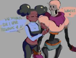  1boy 1girl 2019 2d afro_puffs armor artist_self-insert bad_id bad_tumblr_id black_hair black_pants blue_shorts cape cinnimani closed_eyes commentary cowboy_shot crop_top dark-skinned_female dark_skin digital_media double_bun duo english_commentary english_text female gloves grey_background hair_bun hetero human humanoid male monster monster_boy oc_x_canon original original_character pants papyrus_(undertale) red_cape red_gloves shorts simple_background skeleton sketch sparkle speech_bubble standing teeth text undead undertale utdr_(toby_fox) white_armor 