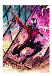  1boy abstract_background animal_print artist_name black_bodysuit black_mask bodysuit building city city_lights cityscape colorful_background dynamic_pose highres male_focus marvel mask mask_on_head miles_morales night night_sky outdoors print_bodysuit red_bodysuit reflection signature silk sky skyline skyscraper spider-man_(miles_morales) spider-man_(series) spider_print spider_web spider_web_print superhero_costume two-tone_bodysuit vinartwork white_eyes 
