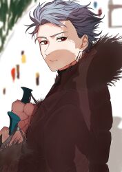  black_coat coat fur_trim gloves grey_hair hair_slicked_back highres red_eyes shitara_seiji skiing tokimeki_memorial tokimeki_memorial_girl&#039;s_side tokimeki_memorial_girl&#039;s_side_3rd_story winter winter_clothes 