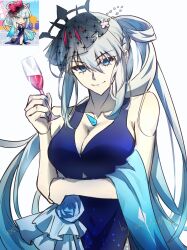  1girl alizi795 black_tiara blue_dress blue_eyes blue_nails dress fate/grand_order fate_(series) glass hair_between_eyes highres long_hair looking_at_viewer morgan_le_fay_(fate) nail_polish ponytail smile solo spikes tiara veil very_long_hair white_hair 