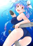  1girl ass blue_hair ekra gradient_hair hair_ornament hair_ribbon i-19_(kantai_collection) kantai_collection long_hair multicolored_hair open_mouth pink_hair red_eyes ribbon smile solo star star-shaped_pupils symbol-shaped_pupils torpedo twintails underwater 