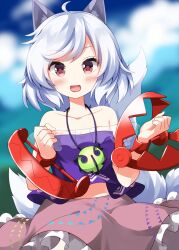  1girl :d ahoge animal_ears bare_shoulders bear_trap blue_hair blurry blurry_background blush brown_skirt collarbone commentary cowboy_shot day frilled_skirt frills highres looking_at_viewer mitsugashira_enoko off-shoulder_shirt off_shoulder open_mouth outdoors purple_shirt red_eyes ruu_(tksymkw) shirt short_hair skirt smile solo tail touhou wolf_ears wolf_girl wolf_tail 