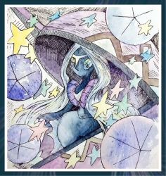  1girl blue_border blue_eyes blue_skin border claws colored_skin commentary_request highres long_hair looking_at_viewer mint_nappa no_mouth painting_(medium) pokemon pokemon_(creature) solo star_(symbol) tapu_fini traditional_media very_long_hair watercolor_(medium) 