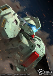  blue_visor char's_counterattack commentary_request copyright_notice damaged debris dirty dust earth_federation glowing gundam gundam_card_game gundam_unicorn jegan jegan_d_type logo machinery mecha mecha_focus mobile_suit official_art radio_antenna realistic robot science_fiction serike_w smoke sunrise_(company) title upper_body 