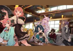  3boys 6+girls :3 :d absurdres animal_ears aqua_cardigan bare_shoulders blintz_(kemono_teatime) blue_eyes blue_hair braid braided_hair_rings breasts cafe cardigan cat_ears cat_girl cat_tail ceiling_fan coat couch covered_eyes cup dark-skinned_male dark_skin everyone foliage galette_(kemono_teatime) glasses green_eyes grey_coat guimauve_(kemono_teatime) hair_ornament hair_over_eyes hair_rings hairpin highres holding holding_cup holding_tray horse_ears incredibly_absurdres jam_(kemono_teatime) kemono_teatime large_breasts letterboxed long_hair looking_at_another looking_at_viewer macaron_(kemono_teatime) mallow_(kemono_teatime) midriff multicolored_hair multiple_boys multiple_girls noco_(adamas) non-web_source official_art orange_eyes pink_eyes pink_hair quiche_(kemono_teatime) scarf scone_(kemono_teatime) short_hair sitting smile streaked_hair tail tarte_(kemono_teatime) tea teacup teapot tiger_ears tray unicorn_girl unicorn_horn white_scarf wolf_ears wolf_girl 