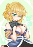  1girl blonde_hair blush breasts cleavage eyes_visible_through_hair fang fang_out green_eyes highres jealous large_breasts mizuhashi_parsee nukoimo paru_paru pointy_ears ponytail robe shirt_lift skirt sleeveless sleeveless_shirt solo touhou tsurime undershirt 