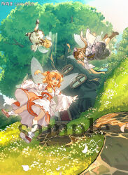  3girls ascot black_boots black_bow black_bowtie blonde_hair blue_dress blue_eyes blue_sky boots bow bowtie brown_hair chinese_commentary clouds cloudy_sky collar commentary_request door dress fairy fairy_wings falling_petals flower flying foliage frilled_collar frilled_dress frills furahata_gen grass highres light_rays long_hair luna_child medium_hair multiple_girls orange_hair outdoors path petals red_collar red_eyes red_sash red_shoes red_skirt sample_watermark sash shoes skirt sky socks star_(symbol) star_print star_sapphire sunbeam sunlight sunny_milk touhou tree treehouse watermark white_collar white_dress white_flower white_shoes white_socks window wings yellow_ascot 