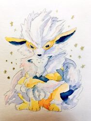  alolan_vulpix animal_focus arcanine black_eyes commentary_request full_body highres looking_at_another mint_nappa no_humans painting_(medium) pokemon simple_background traditional_media watercolor_(medium) 