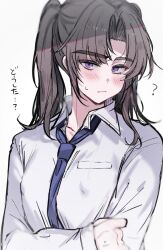  1boy ayase_ayato_(imamiya_pinoko) black_hair covered_nipples crossed_arms imamiya_pinoko long_hair original simple_background thick_eyebrows trap twintails violet_eyes 