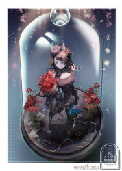 1girl animal_ears arknights artist_name bang_dream! bang_dream!_it&#039;s_mygo!!!!! bell_jar black_boots black_dress black_gloves black_hair black_hat blue_eyes boots border bouquet breasts chinese_commentary closed_mouth commentary_request dress flower full_body gloves hat highres holding holding_bouquet in_container in_jar jar kemonomimi_mode looking_at_viewer medium_breasts medium_hair mixed-language_commentary mxd_taolifly paper red_flower solo spider_lily standing tail white_border wolf_ears wolf_girl wolf_tail yahata_umiri yahata_umiri_(moonlight_executioner) 