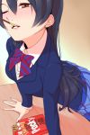  1girl arm_support blue_eyes blush bowtie brown_eyes egooo long_hair love_live!_school_idol_project mouth_hold one_eye_closed pocky pocky_day school_uniform solo sonoda_umi 