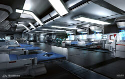  2others bed ben_lo blue_coat ceiling_light clinic coat concept_art full_body grey_coat holographic_interface hospital_bed indoors mass_effect_(series) monitor multicolored_coat multiple_others painterly scenery science_fiction scientist spacecraft_interior standing tablet_pc toolbox two-tone_coat 