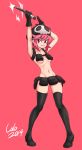  1girl armpit_holster beanie belt_pouch black_gloves boots breasts colo_(nagrolaz) full_body gloves hat highres holster jakuzure_nonon kill_la_kill knife no_panties nudist_beach_uniform pink_eyes pink_hair red_background skull_print small_breasts solo thigh-highs thigh_boots under_boob 