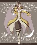  1boy ahoge boots brown_hair cape closed_eyes coat cravat disgaea grey_background knee_boots letterboxed long_hair makai_senki_disgaea_3 male master_big_star outstretched_hand pants pointy_ears smile solo sparkle standing twitter_username yu_(kaburimono_ex) 