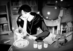  2boys 63roku63 alternate_universe black_hair black_robe chrollo_lucilfer closed_mouth crossdressing crossdressing_(mtf) facial_mark fairy fantasy forehead_mark greyscale highres hunter_x_hunter kurapika lips male_focus mini_person miniboy monochrome multiple_boys robe short_hair trap upper_body 