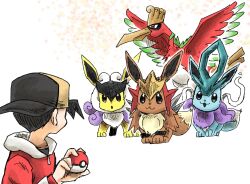  1boy backwards_hat baseball_cap black_hair cosplay eevee entei entei_(cosplay) ethan_(pokemon) fearow hat highres ho-oh ho-oh_(cosplay) holding holding_poke_ball kicdon looking_at_another poke_ball poke_ball_(basic) pokemon pokemon_(creature) pokemon_focus pokemon_gsc raikou raikou_(cosplay) suicune suicune_(cosplay) 