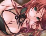  1girl aqua_eyes armpits bare_shoulders between_breasts breasts dress gloves hong_meiling lips long_hair looking_at_viewer lying moneti_(daifuku) on_side pocky pocky_day redhead solo touhou 