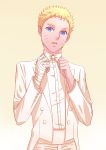  1boy bandages blonde_hair blue_eyes bowtie formal groom haneru highres naruto short_hair suit uzumaki_naruto white_suit 