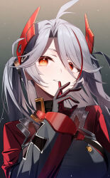  1girl absurdres azur_lane black_background blush breasts gradient_background grey_hair hair_between_eyes highres jacket large_breasts long_hair looking_at_viewer multicolored_hair prinz_eugen_(azur_lane) red_eyes red_hair rubisco sideboob smile solo streaked_hair two_side_up upper_body very_long_hair 