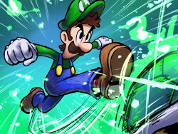  1boy angry blue_overalls boots brown_boots brown_hair facial_hair fire gloves green_fire green_hat green_shell_(mario) green_shirt hat highres kicking long_sleeves luigi male_focus mario_&amp;_luigi:_brothership mario_&amp;_luigi_rpg masanori_sato_(style) mustache newsboy_cap outstretched_arms overalls shirt short_hair socks spread_arms striped_clothes striped_socks super_mario_bros. turtle_shell white_gloves yamari_(ya_mari_6363) 