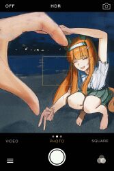  1girl absurdres barefoot beach commentary green_skirt hairband hashtag-only_commentary heart heart_hands heart_hands_duo highres horse_girl horse_tail long_hair ocean open_mouth orange_hair pov shirt short_sleeves silence_suzuka_(umamusume) skirt smile squatting symbol-only_commentary tail toes umamusume v viewfinder water white_hairband white_shirt woxinruhuo 