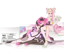  2girls aoi_tete artist_name bare_arms bare_shoulders black_gloves black_hair black_socks blonde_hair blunt_bangs blush boots braid bubble_skirt choker cure_kiss cure_zukyuun dress eighth_note elbow_gloves frilled_dress frills gingham gingham_dress gloves gradient_hair hair_extensions hair_ornament hair_ribbon hair_tie hair_wings half_gloves highres holding_another&#039;s_hair kimi_to_idol_precure knee_boots kneehighs leaning leaning_on_person long_hair magical_girl mature_female meroron_(civilian)_(precure) meroron_(precure) multicolored_hair multiple_girls musical_note musical_note_hair_ornament on_floor parted_bangs pink_hair precure puffy_dress puffy_sleeves purirun_(civilian)_(precure) purirun_(precure) purple_dress reflection ribbon ribbon_choker see-through_scarf short_dress single_bare_leg single_sleeve_cuff sitting skirt socks twin_braids twintails twitter_username very_long_hair watermark white_background white_dress white_gloves wing_hair_ornament 