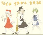  3girls alternate_costume apron black_dress bow broom brown_hair detached_sleeves dress enmaided gohei green_hair hair_bow hakurei_reimu hakurei_reimu_(cosplay) hat izayoi_sakuya izayoi_sakuya_(cosplay) kirisame_marisa kirisame_marisa_(cosplay) maid maid_apron maid_headdress mary_janes monochrome_background mononobe_no_futo multiple_girls no_feet ponytail shoes silver_hair simple_background soga_no_tojiko tororo_(tororonro) touhou toyosatomimi_no_miko translation_request walking witch_hat 