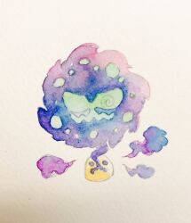  @_@ commentary_request full_body green_eyes highres mint_nappa painting_(medium) pokemon pokemon_(creature) simple_background smoke solo spiritomb traditional_media watercolor_(medium) wavy_mouth white_background 