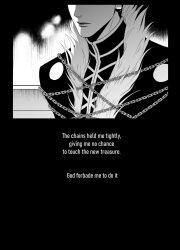  1boy 63roku63 bound chain chained chrollo_lucilfer closed_mouth fur_trim greyscale highres hunter_x_hunter lips monochrome solo tied_up_(nonsexual) 