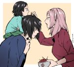  1boy 2girls black_hair carrying_over_shoulder cherry family father_and_daughter feeding food fruit green_eyes haruno_sakura husband_and_wife long_hair mother_and_daughter multiple_girls naruto open_mouth pink_hair short_hair uchiha_sarada uchiha_sasuke wand3754 