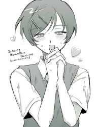  1girl :d blush collared_shirt commentary futsuu_no_keion-bu greyscale hair_ornament hairpin half-closed_eyes heart highres kouyama_rin monochrome nabe940 open_mouth own_hands_clasped own_hands_together pixie_cut school_uniform shirt short_hair short_sleeves simple_background smile solo sweat sweater_vest translation_request upper_body white_background 