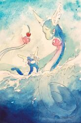  commentary_request dragonair dratini evolutionary_line highres looking_at_viewer mint_nappa no_humans ocean painting_(medium) pokemon pokemon_(creature) traditional_media water watercolor_(medium) 