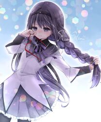  1girl adjusting_hair akemi_homura black_capelet black_hair black_hairband black_pantyhose blue_background blush cape capelet closed_mouth collared_capelet cowboy_shot crying crying_with_eyes_open dress frilled_skirt frills glasses gradient_background hair_bobbles hair_half_undone hair_ornament hairband highres holding holding_own_hair holding_removed_eyewear homu_(pixiv_61217676) layered_sleeves light-skinned_palms long_hair long_sleeves low_twintails magical_girl mahou_shoujo_madoka_magica mahou_shoujo_madoka_magica_(anime) miniskirt outline pantyhose pleated_skirt purple_background purple_cape purple_skirt red-framed_eyewear sad short_dress signature skirt skirt_under_dress solo standing teardrop tears twintails two-tone_background two-tone_capelet unworn_eyewear very_long_hair violet_eyes white_background white_dress white_outline wiping_tears 