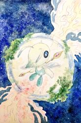 blue_background blue_eyes celebi clock clock_hands commentary_request floating full_body highres mint_nappa no_humans painting_(medium) pokemon pokemon_(creature) solo traditional_media watercolor_(medium) 