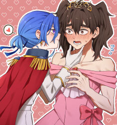  1boy 1girl aijou_rentarou alternate_costume alternate_hair_length alternate_hairstyle androgynous armpit_crease ascot assertive_female blue_hair blush bow brown_hair cape closed_mouth collarbone commentary commentary_request constricted_pupils cowboy_shot crossdressing double-parted_bangs dress dress_bow earrings embarrassed epaulettes flying_sweatdrops gem gloves gold_tiara hair_between_eyes hair_intakes hair_ribbon hand_on_own_chin heart heart_background hetero highres hiiro_(kiiro_ex) jacket jewelry kimi_no_koto_ga_dai_dai_dai_dai_daisuki_na_100-nin_no_kanojo lone_nape_hair long_hair_between_eyes long_sleeves looking_at_another lower_teeth_only nakaji_uto nose_blush off_shoulder open_mouth outline pink_background pink_bow pink_dress ponytail raised_eyebrows red_cape red_gemstone ribbon short_ponytail sleeveless sleeveless_dress star_(symbol) star_earrings sweat symbol-only_commentary teeth thick_eyebrows twintails twitter_username white_ascot white_gloves white_jacket white_outline 