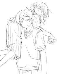  2girls carrying carrying_over_shoulder carrying_person collared_shirt feet_out_of_frame futsuu_no_keion-bu greyscale hair_ornament hairpin hatono_chihiro highres kouyama_rin lineart medium_hair monochrome multiple_girls parted_bangs pixie_cut pleated_skirt rra_(yj) school_uniform shirt short_hair short_sleeves skirt smile sweater_vest 