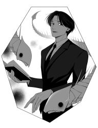  1boy 63roku63 bandaged_head bandages black_eyes black_hair chrollo_lucilfer earrings formal_clothes greyscale highres holding hunter_x_hunter jewelry male_focus monochrome necktie shirt short_hair simple_background solo suit upper_body white_shirt 