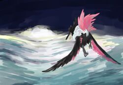  above_clouds animal_focus bird black_eyes bright_pupils clouds feathered_wings flying honchkrow mint_nappa no_humans pokemon pokemon_(creature) solo white_pupils wings 