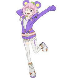  1girl :d animal_ears animal_hood anime_coloring arm_behind_head arms_up bear_ears belt braid breasts brown_belt clenched_hand estab-life:_great_escape full_body hood hood_up hoodie kozaki_yuusuke leg_up long_hair looking_at_viewer low_twin_braids maruteese_(estab-life) official_art one_eye_closed open_mouth outstretched_arm pink_eyes pink_hair purple_hood purple_hoodie shirt shoes simple_background small_breasts smile solo standing standing_on_one_leg tachi-e thigh-highs transparent_background twin_braids two-tone_belt white_shirt white_shoes white_thighhighs 