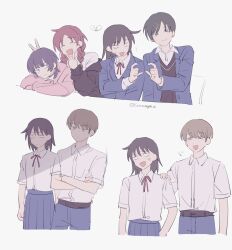  1boy 4girls :d ? ^_^ anger_vein belt black_belt black_eyes black_hair black_jacket black_sweater_vest blazer blue_jacket blue_pants blue_skirt blunt_bangs braid broken_heart brown_eyes brown_hair bunny_ears_prank carrorange_61 closed_eyes collared_shirt commentary_request cropped_legs cropped_torso crossed_arms dress_shirt fujii_ayame futsuu_no_keion-bu hair_ornament hairpin hand_on_another's_shoulder hatono_chihiro heart heart_hands heart_hands_duo heartbreak_(futsuu_no_keion-bu) highres hood hood_down hooded_jacket jacket kouyama_rin lapels long_hair long_sleeves mole mole_under_eye multiple_girls neck_ribbon notched_lapels off_shoulder pants parted_bangs pink_jacket pixie_cut pleated_skirt puff_of_air purple_hair red_ribbon ribbon school_uniform shirt shirt_tucked_in short_hair short_sleeves simple_background skirt small_pupils smile summer_uniform sweater_vest takami_kouki twin_braids twintails uchida_momo v very_short_hair violet_eyes white_background white_shirt wing_collar winter_uniform wolf_cut 