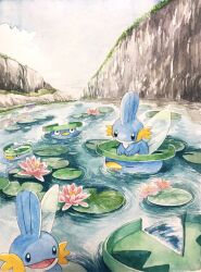  commentary_request flower highres lily_pad lotad mint_nappa mudkip no_humans open_mouth painting_(medium) pink_flower pokemon pokemon_(creature) ripples river scenery smile traditional_media water watercolor_(medium) 