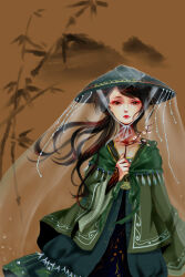  1girl aqua_hat aqunaqunyingfen bamboo bow bowtie bracer brown_background brown_eyes brown_hair capelet character_request chinese_clothes closed_mouth collarbone eyelashes fringe_trim green_bow green_bowtie green_capelet green_hanfu hand_on_own_chest hanfu hat highres ink japanese_clothes light_particles lipstick long_hair long_sleeves makeup nikki_(series) nikki_up2u2:_world_traveller red_lips see-through_clothes see-through_veil veil very_long_hair wavy_hair weimao white_veil wide_sleeves 