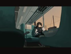  1girl absurdres black_hair bow bowtie braid cevio dusk evening glasses green_bow green_bowtie green_eyes hanakuma_chifuyu hand_on_lap highres ijou_(actorstrangeluv) jacket letterboxed low_twin_braids plaid_bow plaid_bowtie plaid_clothes power_lines sitting skirt solo synthesizer_v train_interior twin_braids window 