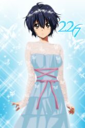  1girl 22/7 black_hair blue_background blue_dress blush brown_eyes bug butterfly closed_mouth copyright_logo cowboy_shot dress gentoku hair_between_eyes highres long_sleeves looking_at_viewer pink_ribbon ribbon see-through_clothes see-through_sleeves short_hair solo sparkle standing straight-on takigawa_miu white_butterfly 
